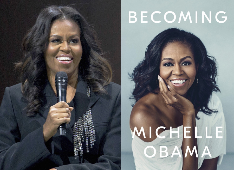 Former first lady Michelle Obama speaks to the crowd during her book tour stop in Washington on Nov. 17, 2018, left, and a cover image for Obama's memoir "Becoming." Obama's next promotion for her memoir "Becoming" will center on the college market. The former first lady will appear Nov. 9 at 1 p.m. with "Black-ish" actor Yara Shahidi for a livestream conversations with students from 22 schools throughout the country.