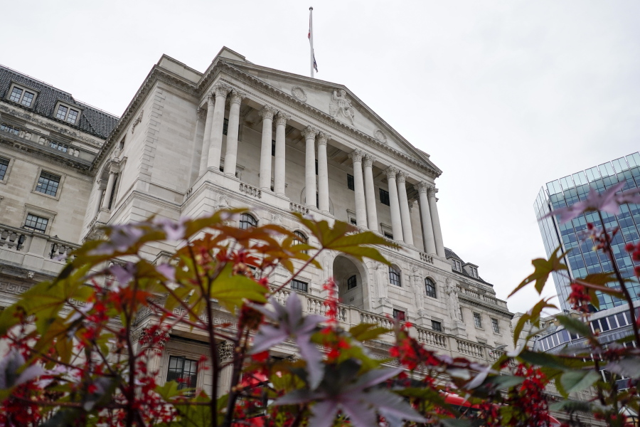 FILE - General view of the Bank of England, in the financial district known as The City, in London, on Aug. 2, 2021. British homeowners and borrowers are bracing themselves for an interest rate increase from the Bank of England on Thursday, which would be the first in a Group of Seven industrial nation since the onset of the coronavirus pandemic.
