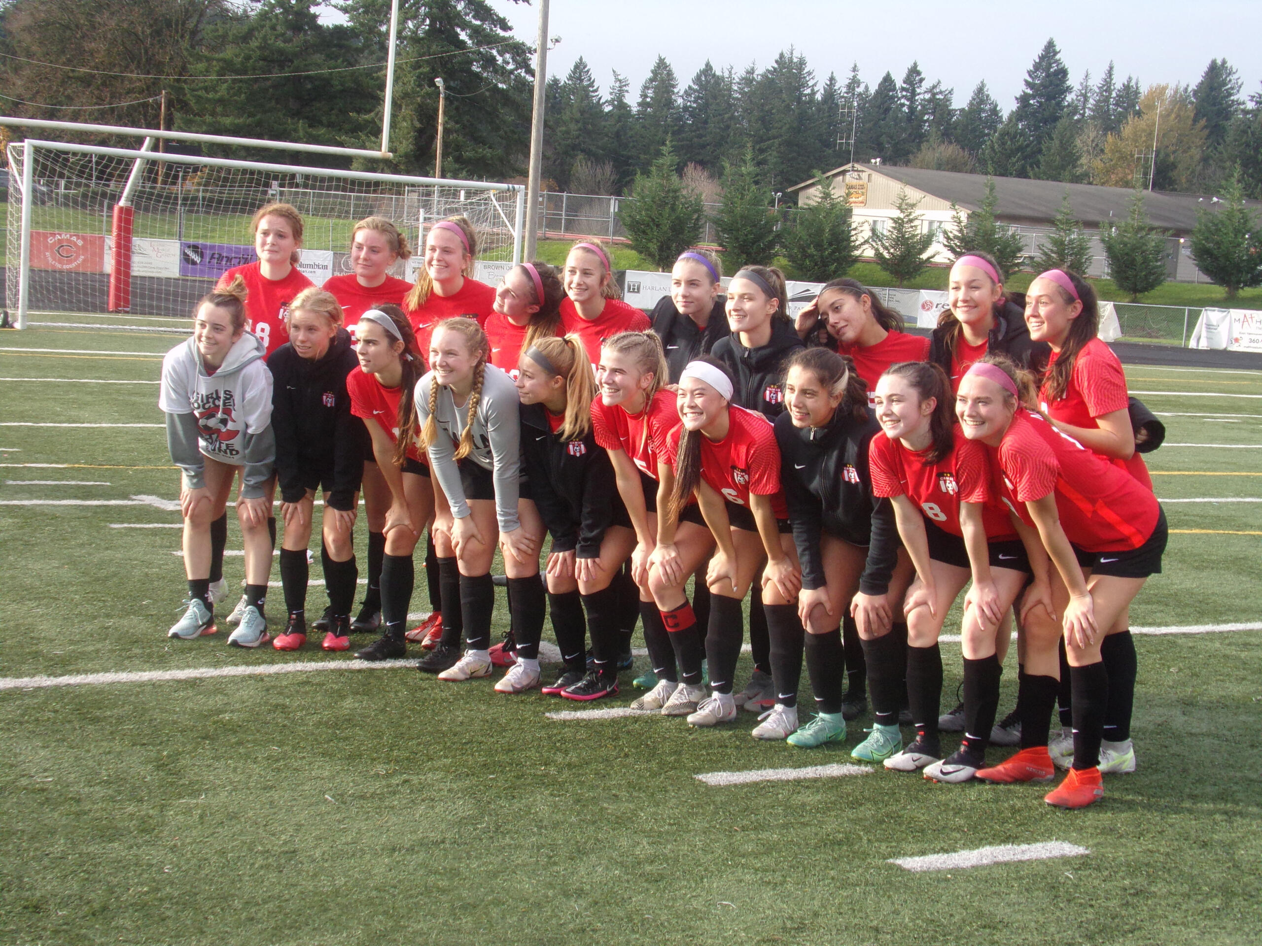 The Camas girls soccer team poses for a team photo after beating West Valley of Yakima 3-2 in the 4A state quarterfinals at Doc Harris Stadium in Camas (Tim Martinez/The Columbian)