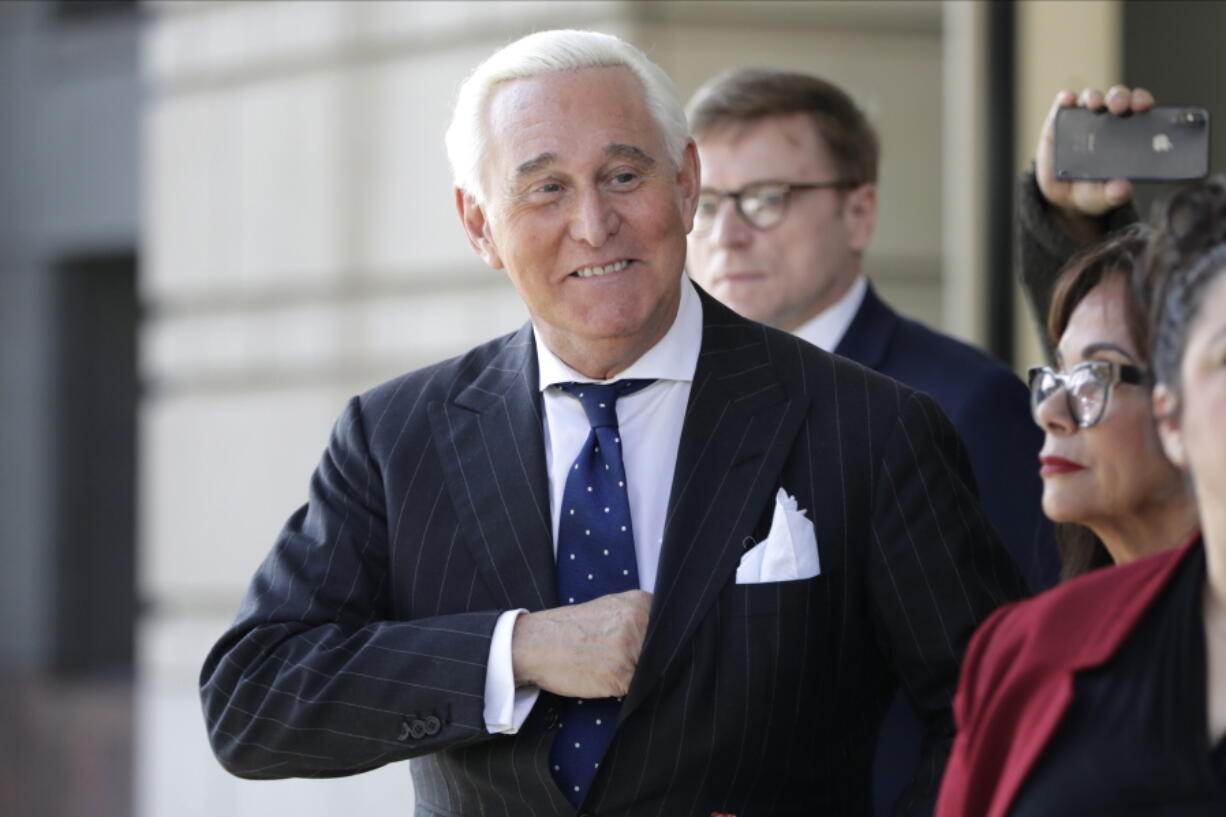 FILE - In this Nov. 15, 2019, photo, Roger Stone exits federal court in Washington. The committee investigating the Jan. 6 Capitol insurrection has issued subpoenas to five more individuals, including Donald Trump's ally Stone and conspiracy theorist Alex Jones.