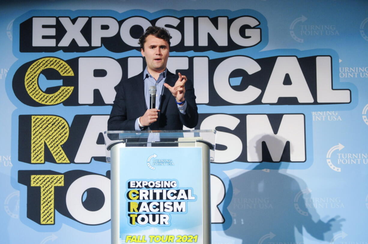 Turning Point USA founder Charlie Kirk speaks to the audience at the "Exposing Critical Racism Theory" tour held at the Mayo Clinic Health System Event on Oct. 5, 2021, in Mankato, Minn. It was the second stop of an eight-stop tour, visiting universities across America.