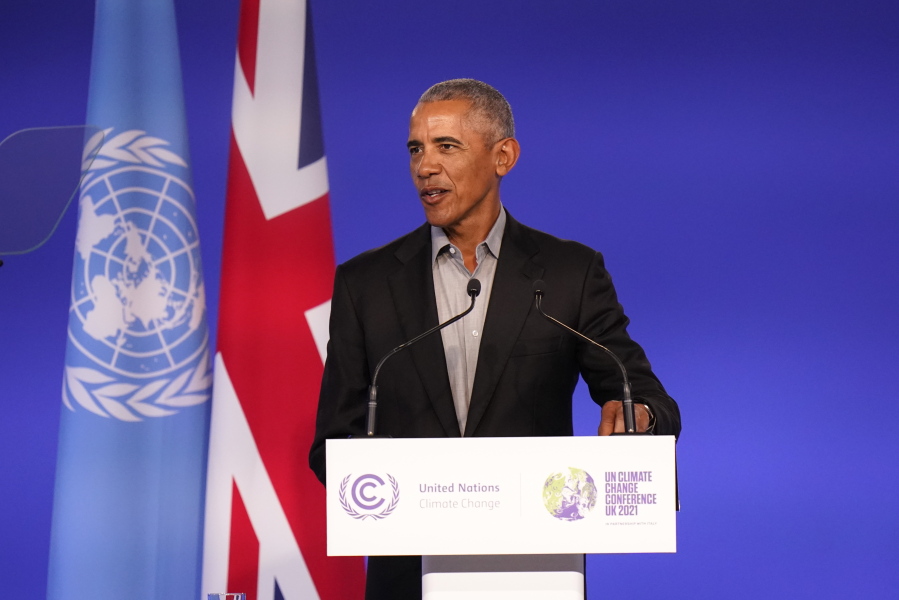 Former U.S. President Barack Obama speaks during the COP26 U.N. Climate Summit in Glasgow, Scotland, Monday, Nov. 8, 2021. The U.N. climate summit in Glasgow is entering it's second week as leaders from around the world, are gathering in Scotland's biggest city, to lay out their vision for addressing the common challenge of global warming.