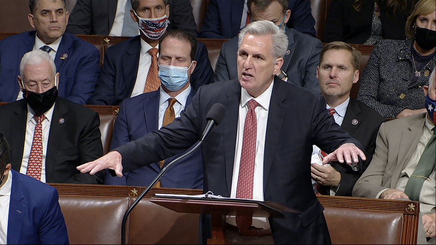 In this image from House Television, House Minority Leader Kevin McCarthy of Calif., speaks on the House floor during debate on the Democrats' expansive social and environment bill at the U.S. Capitol on Thursday, Nov. 18, 2021, in Washington.