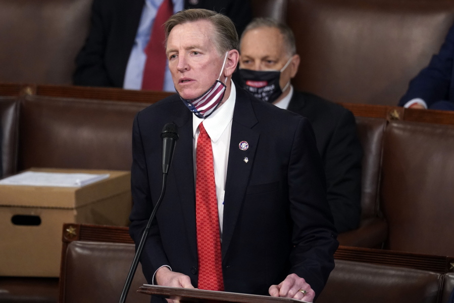 FILE - Rep. Paul Gosar, R-Ariz., objects to certifying Arizona's Electoral College votes during a joint session of the House and Senate convenes to count the electoral votes cast in November's election, at the Capitol, on Jan 6, 2021. Gosar is facing censure in the House over a violent video he posted online. The House will vote Wednesday, Nov. 17, on a resolution that would censure Gosar for tweeting an animated video that depicted him striking Rep. Alexandria Ocasio-Cortez of New York with a sword.