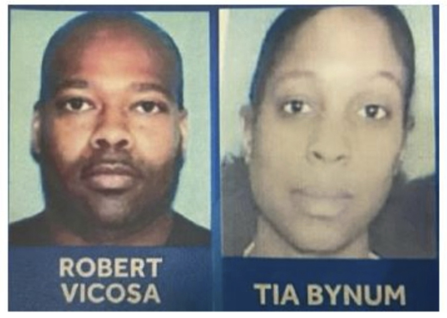 This image provided by the Baltimore County Police Department show former Maryland County Police Officer Robert Vicosa and Baltimore County Police Sgt. Tia Bynum. Four people were found dead Thursday, Nov. 18, 2021, inside a car which matched the description of a vehicle connected to the former Maryland police officer accused of taking off with his daughters in Pennsylvania, authorities say. Elena Russo, spokeswoman for Maryland State Police, declined to identify the four victims because family hadn't been notified and the investigation was ongoing. But she said police believe they know who the victims are.