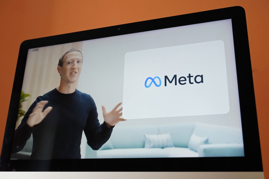 Seen on the screen of a device in Sausalito, Calif., Facebook CEO Mark Zuckerberg announces their new name, Meta, during a virtual event on Thursday, Oct. 28, 2021. Zuckerberg talked up his latest passion -- creating a virtual reality "metaverse" for business, entertainment and meaningful social interactions.