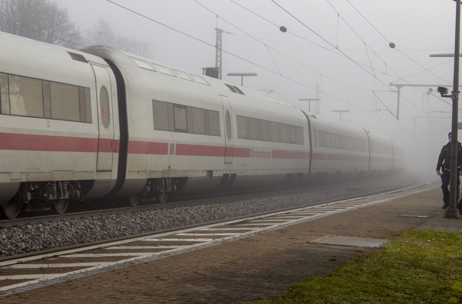 An ICE train stands at the station in Seubersdorf, southern Germany, Saturday, Nov.6, 2021. There has been a knife attack in the ICE between Regensburg and Nuremberg. Several people were injured, according to police. A man was arrested.