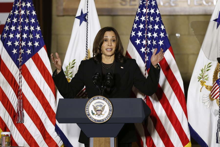 Vice President Kamala Harris speaks about the recently signed infrastructure law will benefit Ohioans after touring the Plumbers and Pipefitters Union Local 189 Friday, Nov. 19, 2021, in Columbus, Ohio.