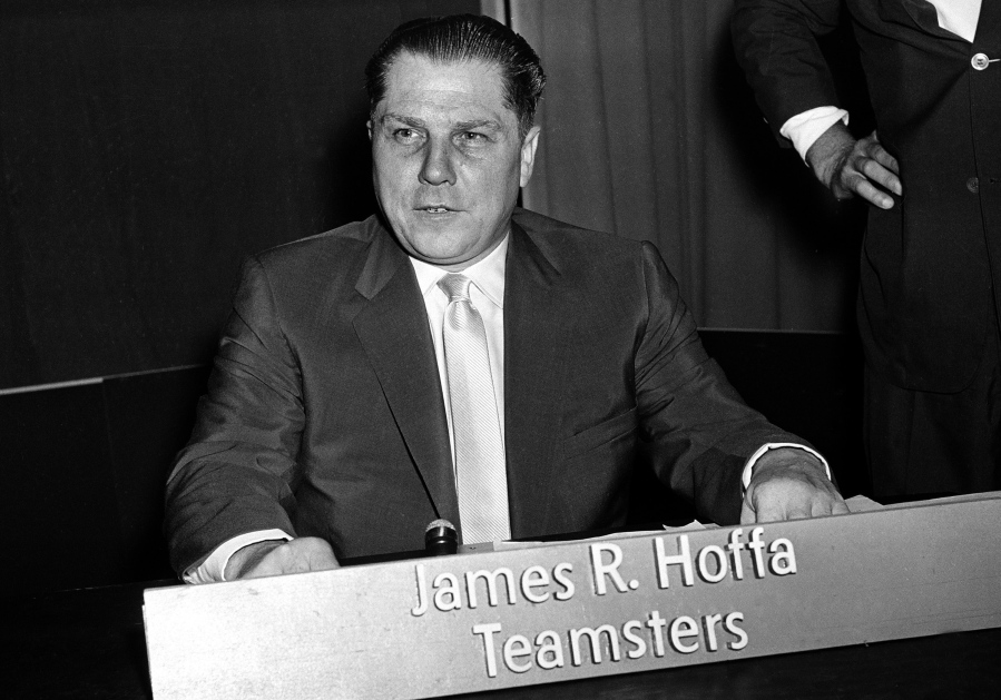 FILE - This photo shows Teamsters Union president Jimmy Hoffa in Washington on July 26, 1959. The FBI's recent confirmation that it was looking at a spot near a New Jersey landfill as the possible burial site of former Teamsters boss Jimmy Hoffa is the latest development in a search that began when he disappeared in 1975.
