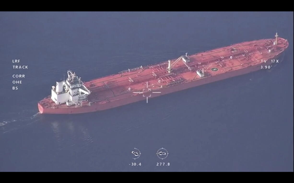 This frame grab from a video released by Iran's paramilitary Revolutionary Guard on Wednesday, Nov. 3, 2021, shows the seized Vietnamese-flagged oil tanker in the Gulf of Oman. Iran seized the tanker in the Gulf of Oman last month and still holds the vessel, two U.S. officials told The Associated Press on Wednesday, revealing the latest provocation in Mideast waters as tensions escalate between Iran and the United States over Tehran's nuclear program.