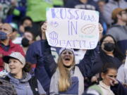 A Seattle Seahawks fans displays a "RUSSless in Seattle" sign, referring to the team's injured quarterback Russell Wilson, during a game against the Jacksonville Jaguars Oct. 31 in Seattle. (Ted S.