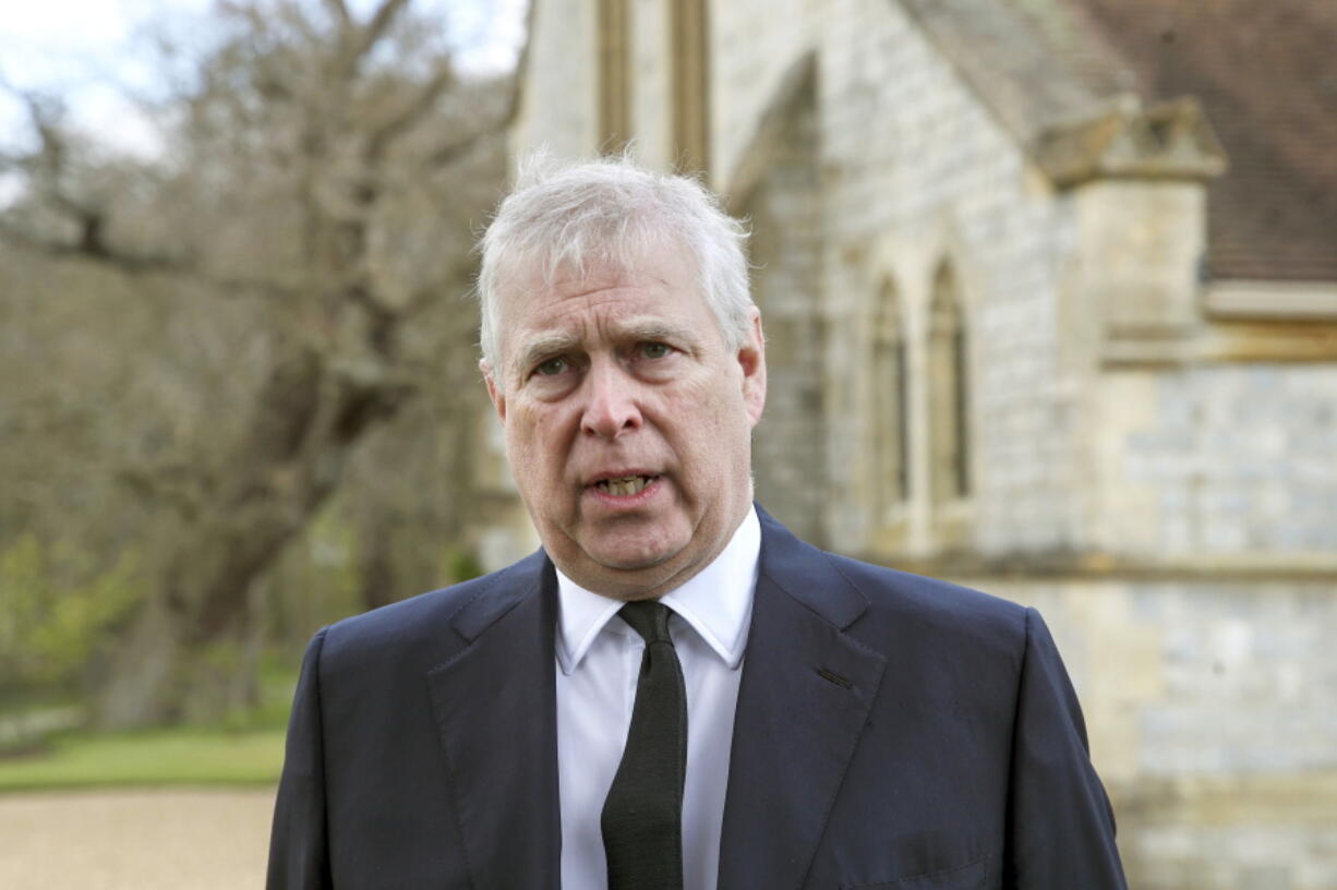 FILE - Britain's Prince Andrew speaks during a television interview at the Royal Chapel of All Saints at Royal Lodge, Windsor, England, April 11, 2021. The prosecution of Ghislaine Maxwell doesn't involve the salacious allegations that the British socialite offered up one of Jeffrey Epstein's accusers to England's Prince Andrew for sex.
