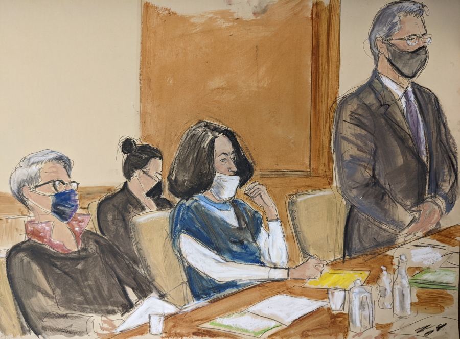 In this courtroom sketch, Ghislaine Maxwell, center, listens during a court hearing flanked by her attorneys, Bobbi Sternheim, left, and Jeffrey Pagliuca, right, Monday, Nov. 1, 2021, in New York. Maxwell was brought into a Manhattan courtroom for the lengthy hearing where U.S. District Judge Alison Nathan made a series of rulings over how the trial starting later this month will unfold.