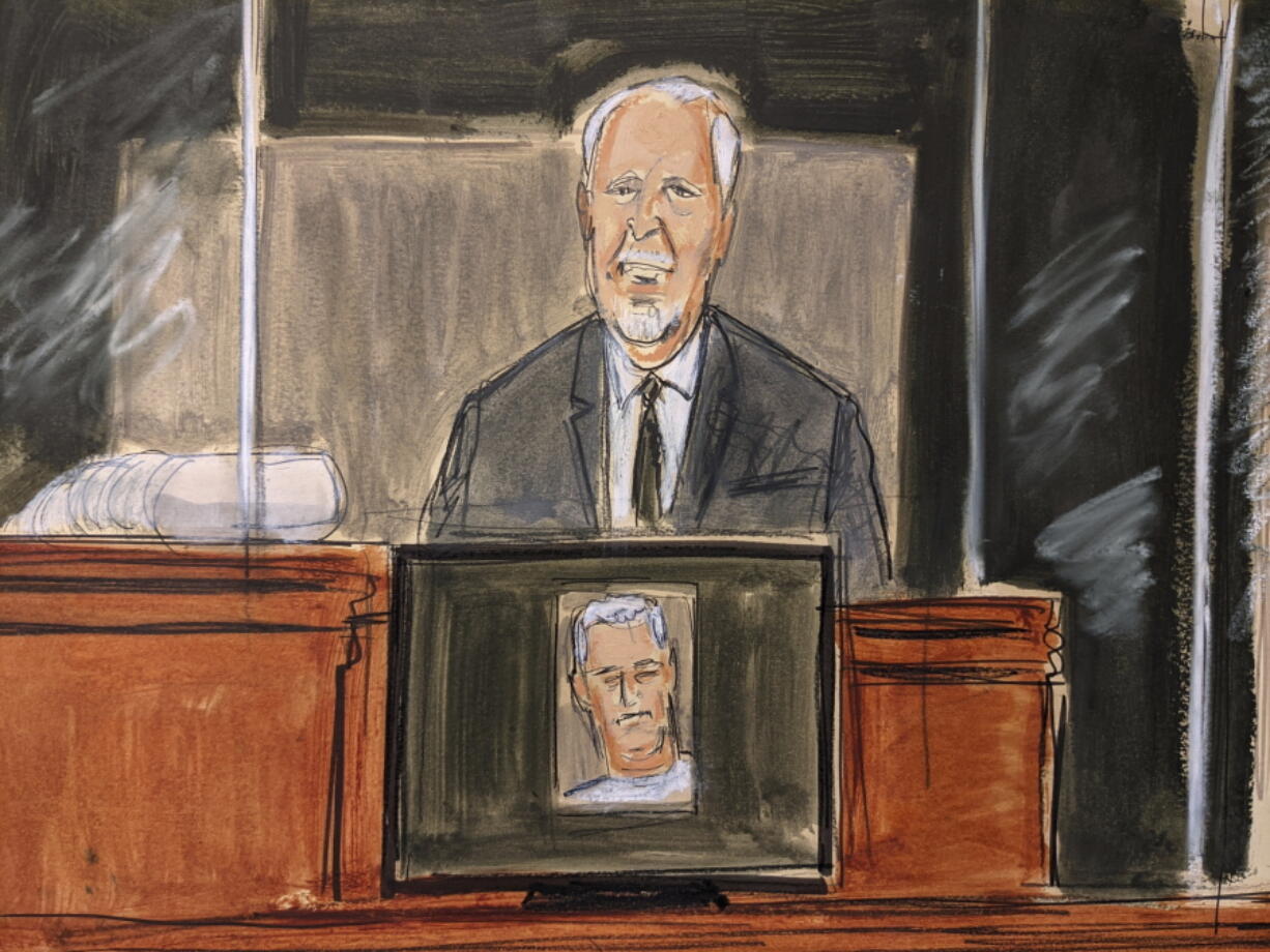 In this courtroom sketch, Lawrence Paul Visoski Jr., who was one of Jeffrey Epstein's pilots, testifies on the witness stand during Ghislaine Maxwell's sex trafficking trial, Monday, Nov. 29, 2021, in New York.