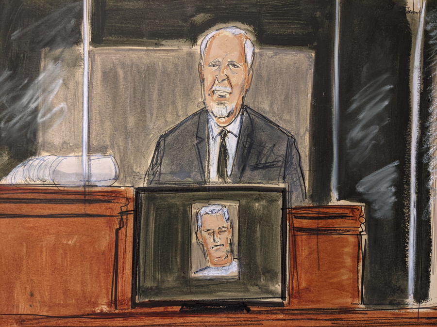 In this courtroom sketch, Lawrence Paul Visoski Jr., who was one of Jeffrey Epstein's pilots, testifies on the witness stand during Ghislaine Maxwell's sex trafficking trial, Monday, Nov. 29, 2021, in New York.