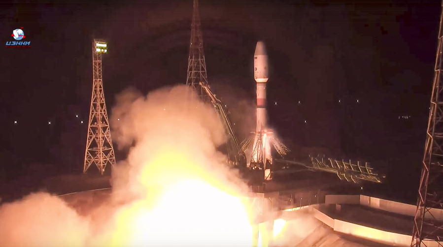In this photo taken from video provided by Roscosmos Space Agency Press Service, The Soyuz rocket blasts off from the launch pad at Russia's space facility in Baikonur, Kazakhstan, Wednesday, Nov. 24, 2021. A Russian rocket blasted off successfully on Wednesday to deliver a new docking module to the International Space Station. The Soyuz rocket lifted off as scheduled at 6:06 p.m. (1306 GMT) from the Russian launch facility in Baikonur, Kazakhstan, carrying the Progress cargo ship with the Prichal (Pier) docking module attached to it.