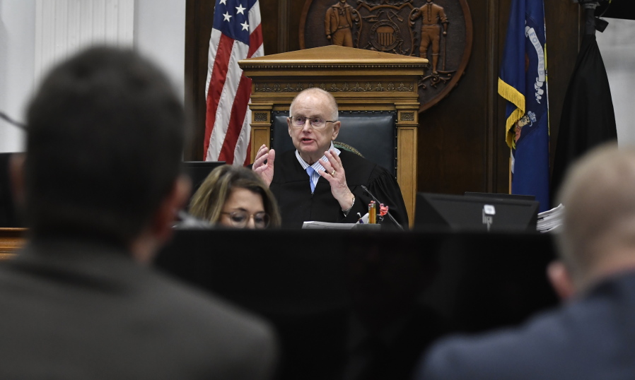 Judge Bruce Schroeder speaks to the attorneys about how the jury will view evidence as they deliberate during Kyle Rittenhouse's trial at the Kenosha County Courthouse in Kenosha, Wis., on Wednesday, Nov. 17, 2021.