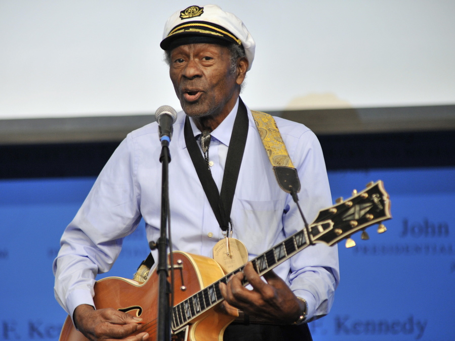 FILE - In this Feb. 26, 2012 file photo, rock 'n' roll legend Chuck Berry performs "Johnny B. Goode" at the John F. Kennedy Presidential Library and Museum in Boston. Dualtone Records is marking Berry's birthday by announcing the release of a live album from the late rock 'n roll legend. "Live From Blueberry Hill" is taken from performances recorded between July 2005 and January 2006 at Blueberry Hill caf? in St. Louis, one of Berry's favorite places to play. The album will be released Dec. 17.