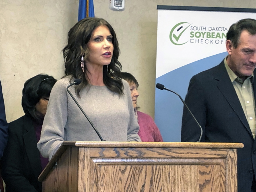 South Dakota Gov. Kristi Noem speaks at a news conference in Sioux Falls, Idaho on Monday, Nov. 1, 2021 . Noem insisted that a meeting she held last year didn't include any discussion of a path forward for her daughter after a state agency moved to deny her a real estate appraiser license.