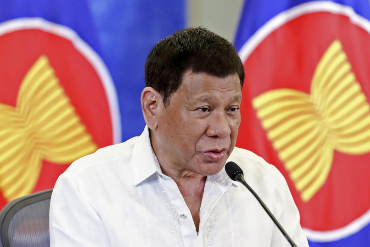 In this photo provided by the Malacanang Presidential Photographers Division, Philippine President Rodrigo Duterte speaks during a virtual plenary session of the ASEAN-China Special Summit in Davao City, southern Philippines, Monday, Nov. 22, 2021. Duterte called on China to respect the 1982 United Nations Convention on the Law of the Sea which establishes maritime entitlements and sovereign rights over maritime zones, along with a 2016 Hague arbitration ruling that mostly invalidated China's South China Sea claims. China has refused to recognize the ruling.