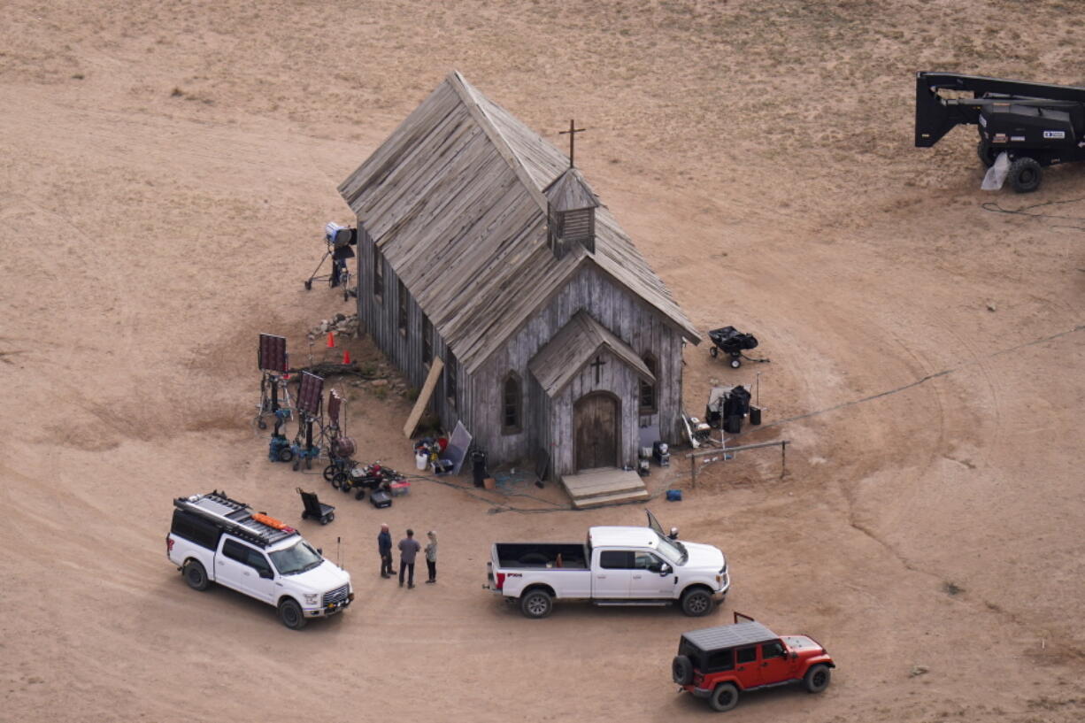 FILE - This aerial photo shows the Bonanza Creek Ranch in Santa Fe, N.M., on Saturday, Oct. 23, 2021. The person in charge of weapons on the movie set at the ranch where actor Alec Baldwin fatally shot cinematographer Halyna Hutchins said Wednesday night, Nov. 3 that she suspects someone put in a live bullet in the prop gun that Baldwin shot. (AP Photo/Jae C.