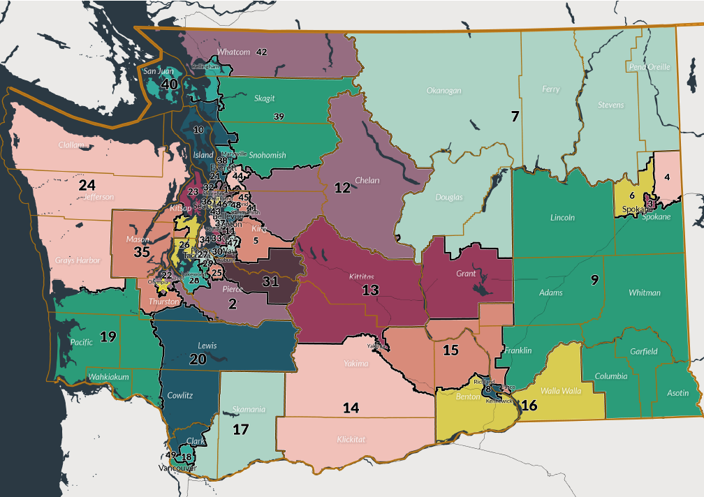A map of the proposed legislative districts in Washington.