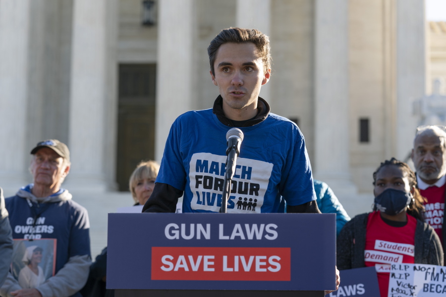 Parkland survivor and activist David Hogg speaks during a rally outside of the U.S. Supreme Court in Washington, Wednesday, Nov. 3, 2021. The Supreme Court is set to hear arguments in a gun rights case that centers on New York's restrictive gun permit law and whether limits the state has placed on carrying a gun in public violate the Second Amendment.