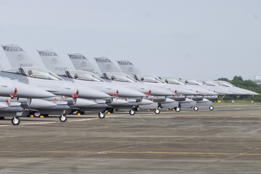 Newly commissioned upgraded F-16V fighter jets are seen at Air Force base in Chiayi in southwestern Taiwan Thursday, Nov. 18, 2021. Taiwan has deployed the most advanced version of the F-16 fighter jet in its Air Force, as the island steps up its defense capabilities in the face of continuing threats from China.