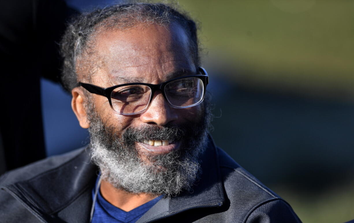 Kevin Strickland, 62, managed a smile while talking to the media after his release from prison, Tuesday, Nov. 23, 2021, in Cameron, Mo. Strickland, who was jailed for more than 40 years for three murders, was released from prison Tuesday after a judge ruled that he was wrongfully convicted in 1979.