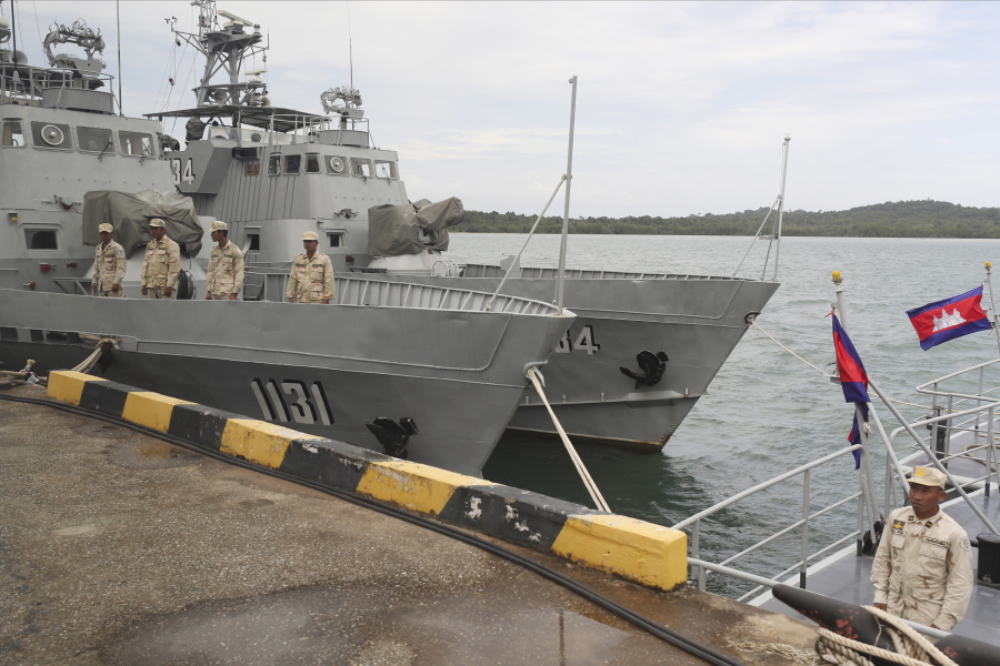 FILE - Cambodian navy crew stand on a patrol boat at the Ream Naval Base in Sihanoukville, southwest of Phnom Penh, Cambodia, July 26, 2019. The U.S. Treasury Department on Wednesday, Nov. 10, 2021, imposed sanctions imposed by the United States on two senior defense officials over allegations of graft, accompanied by a broader warning of systemic corruption in the Southeast Asian nation.