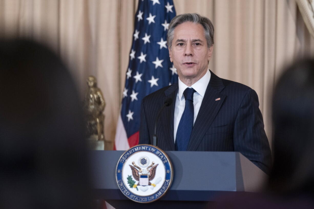 Secretary of State Antony Blinken speaks during a U.S.-Egypt strategic dialogue with Egyptian Foreign Minister Sameh Shoukry at the State Department, Monday, Nov. 8, 2021, in Washington.