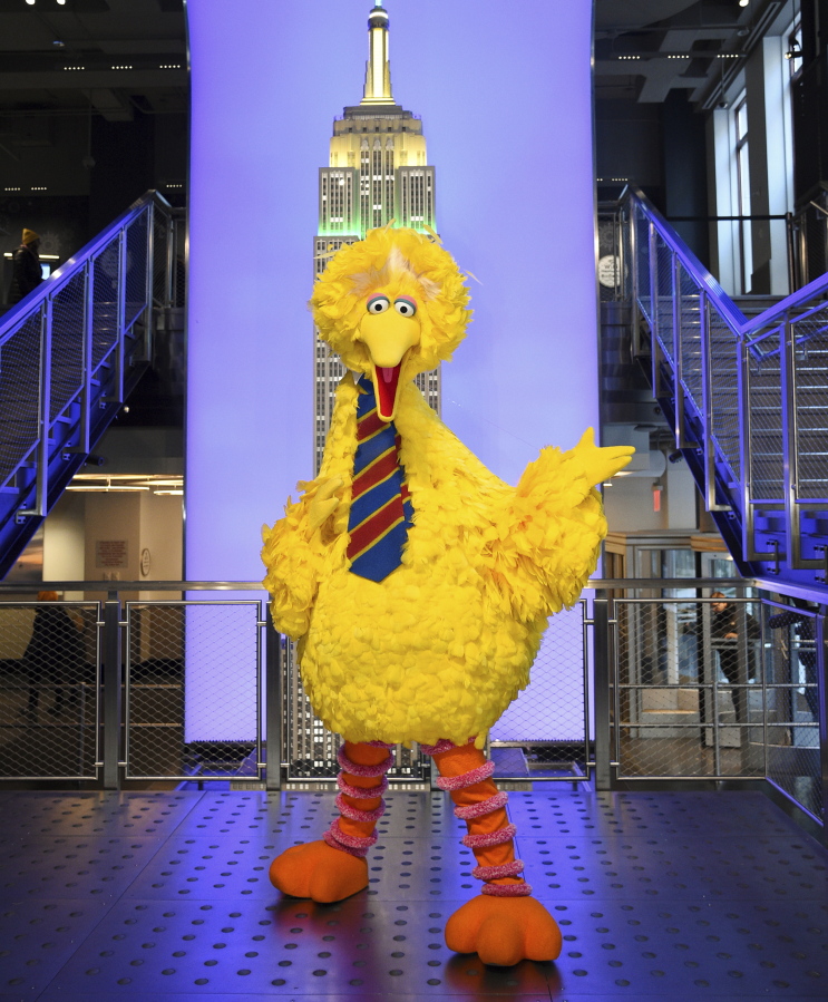 FILE - Sesame Street's Big Bird participates in the ceremonial lighting of the Empire State Building in honor of Sesame Street's 50th anniversary on Friday, Nov. 8, 2019, in New York.
