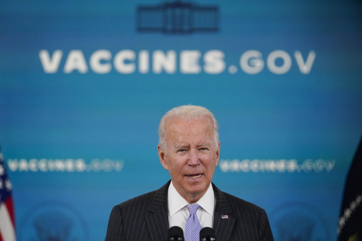 FILE - President Joe Biden talks about the newly approved COVID-19 vaccine for children ages 5-11 from the South Court Auditorium on the White House complex in Washington, Nov. 3, 2021. Biden's team views the pandemic as the root cause of both the nation's malaise and his own political woes. It sees getting more people vaccinated and finally controlling COVID-19 as the key to reviving the country and Biden's own standing. But the coronavirus has proved to be a vexing challenge for the White House.