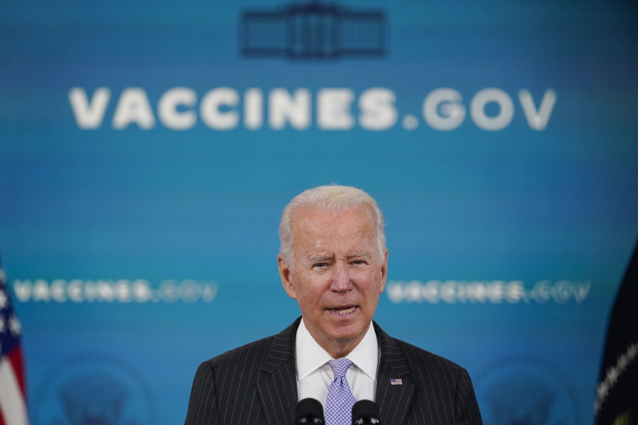 FILE - President Joe Biden talks about the newly approved COVID-19 vaccine for children ages 5-11 from the South Court Auditorium on the White House complex in Washington, Nov. 3, 2021. Biden's team views the pandemic as the root cause of both the nation's malaise and his own political woes. It sees getting more people vaccinated and finally controlling COVID-19 as the key to reviving the country and Biden's own standing. But the coronavirus has proved to be a vexing challenge for the White House.