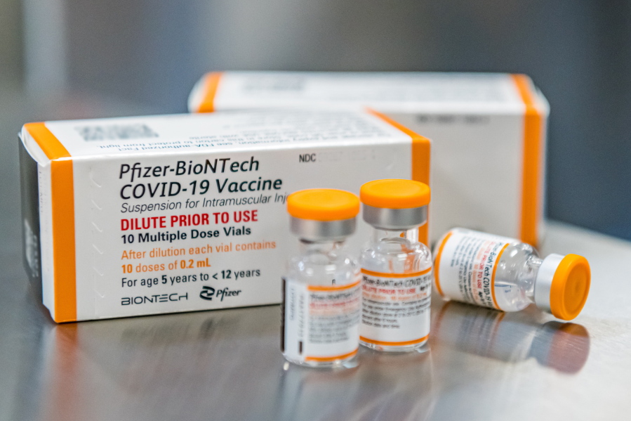FILE - This October 2021, photo provided by Pfizer shows kid-size doses of its COVID-19 vaccine in Puurs, Belgium.