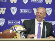 Kalen DeBoer speaks during a news conference, Tuesday, Nov. 30, 2021, in Seattle, to introduce him as the new head NCAA college football coach at the University of Washington. DeBoer has spent the past two seasons as head football coach at Fresno State. (AP Photo/Ted S.