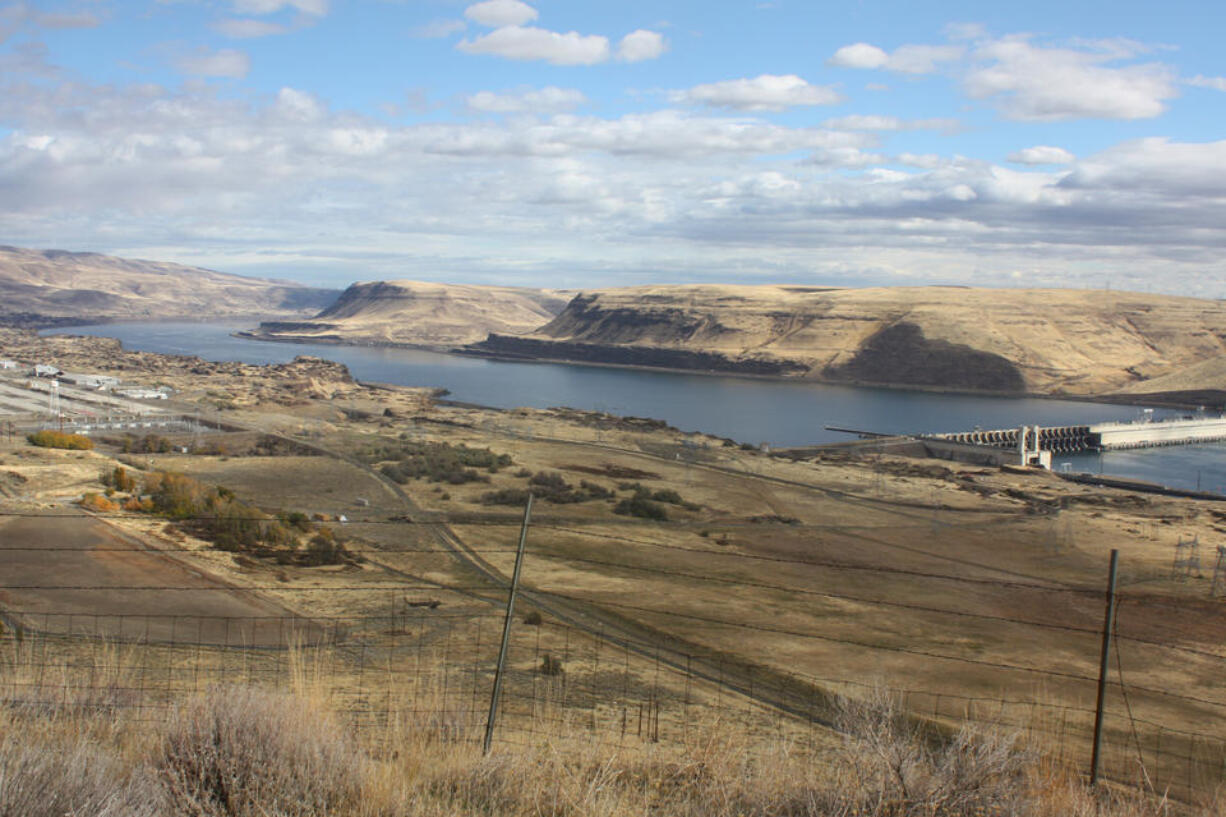 A view of the site for the proposed lower reservoir on the Columbia River that will be part of the Free Flow Power Project 101. The closed-loop water storage system will generate power, feeding into the nearby electrical grid at John Day Dam.