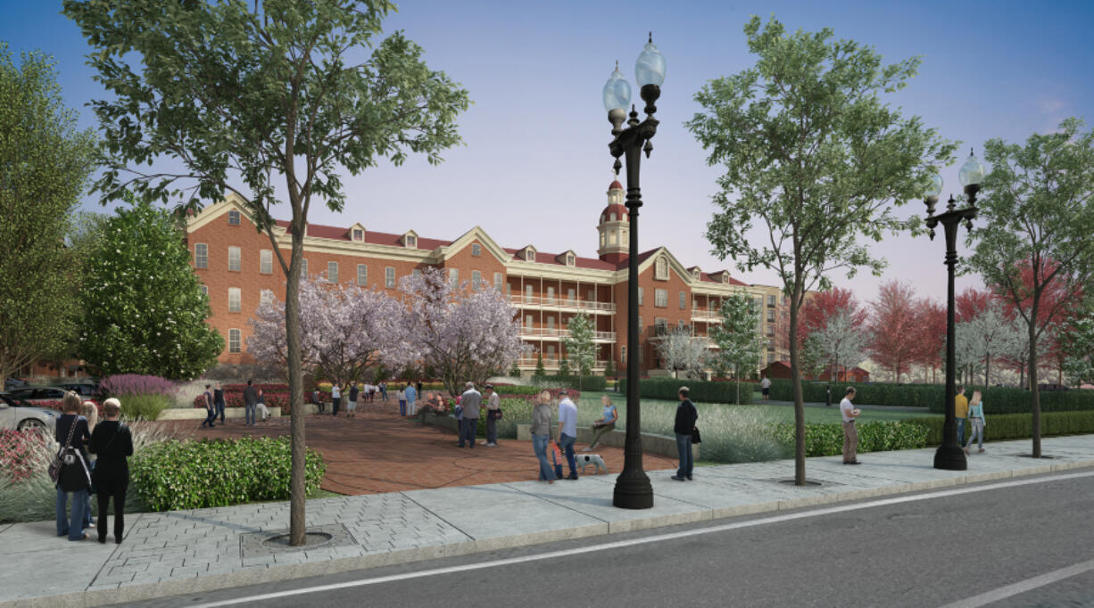 A concept rendering shows the planned "Aegis Phase II" portion of a project to rehabilitate the Providence Academy building and redevelop part of the campus. The plans for the proposed garden expansion are only conceptual, but the Sacred Heart Garden that sits in front of the academy will be preserved.