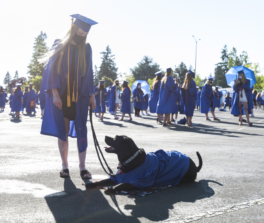 Alexis Crousare of Vancouver waits with her 4-year-old English lab and diabetic alert dog, Vader, on June 17, 2021, before the Clark College commencement ceremony at Kim Christiansen Field. Crousare earned her associate's degree through Clark College's Running Start program, which allows high school students to take college courses before they graduate.