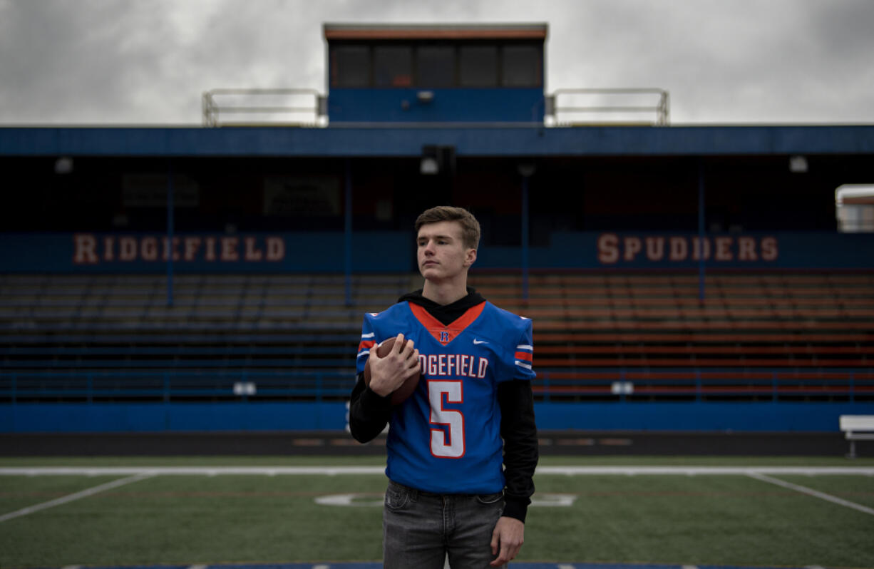 Ridgefield High senior Ty Snider, who is our All-Region football player of the year, is pictured at his school?s stadium Friday morning, Dec. 10, 2021.