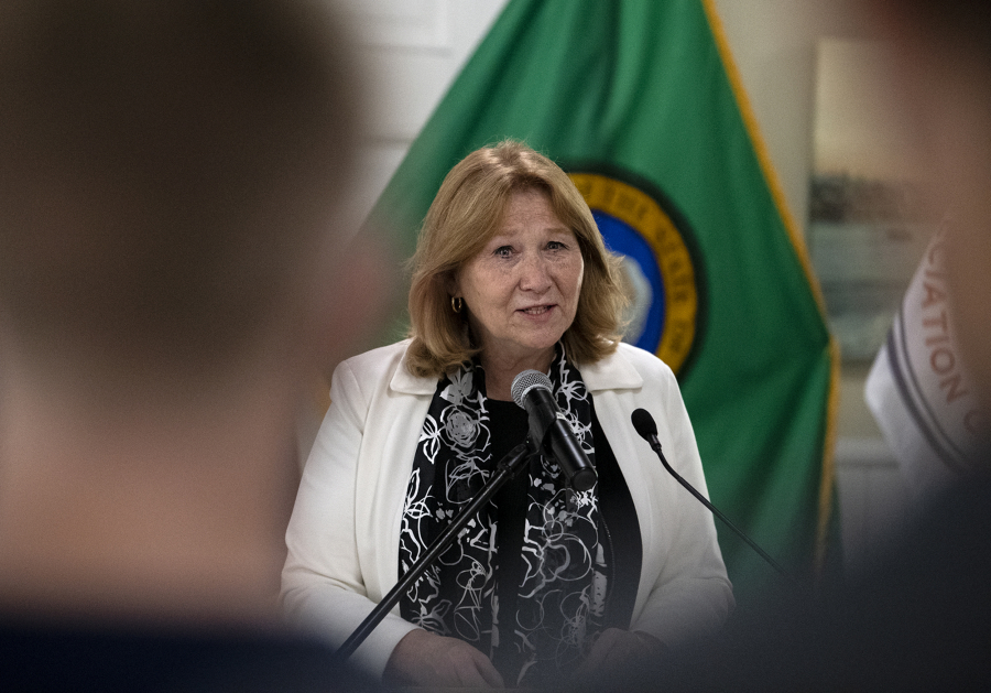 Vancouver mayor Anne McEnerny-Ogle speaks during the Our Community Salutes ceremony on Saturday, April 24, 2021, at the Fort Vancouver Artillery Barracks. The event honored more than 100 future military service members from throughout the region.
