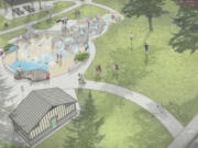 A bird's-eye view of the type of interactive water feature that could be included in Crown Park renovations is shown in this illustration by Greenworks, the consultant firm that developed the master plan for Camas Crown Park in 2018.