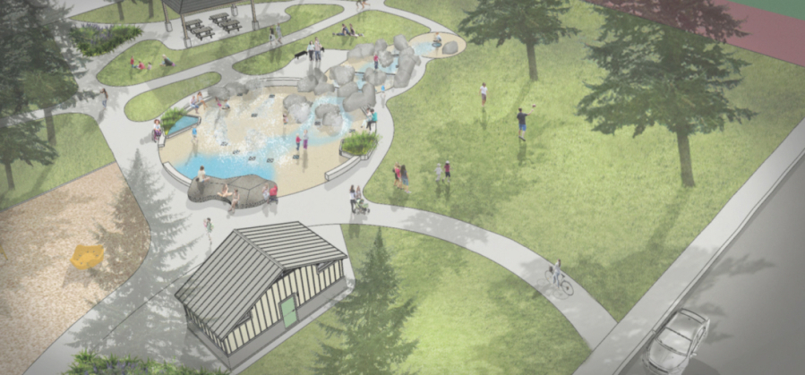 A bird's-eye view of the type of interactive water feature that could be included in Crown Park renovations is shown in this illustration by Greenworks, the consultant firm that developed the master plan for Camas Crown Park in 2018.