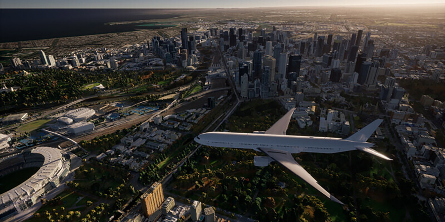 A 3D model of an airplane interacting with location data of Melbourne, Australia, provided by Aerometrex, a surveying services company, using Cesium's software platform.