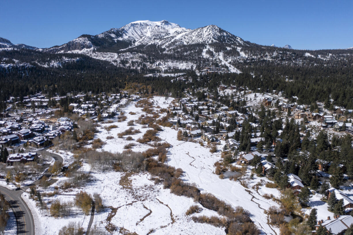 An aerial view of Mammoth Mountain from above Mammoth Creek in Mammoth Lakes, California on Oct. 27, 2021. A new study paints a dire forecast for snowpack in the Sierra Nevada in the coming decades.