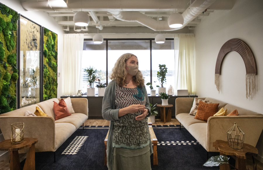 Dr. Bridget Carnahan, clinic manager stands in the lobby at Field Trip Health where patients are treated the drug ketamine to assist in therapy for mental illness and depression is opening up this month in Seattle.
