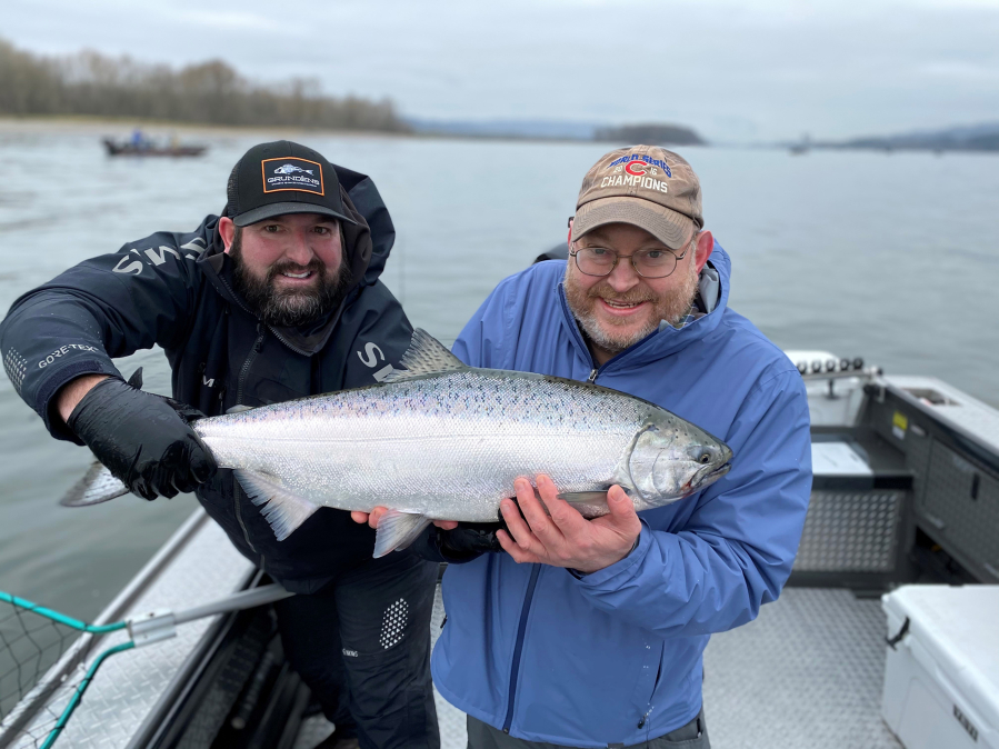 Guide Matt Eleazer with a client and a fine spring Chinook caught during last year?s season. Prospects and projections for spring and summer salmon are up this year, and anglers could be looking at the best season they have seen in a number of years.