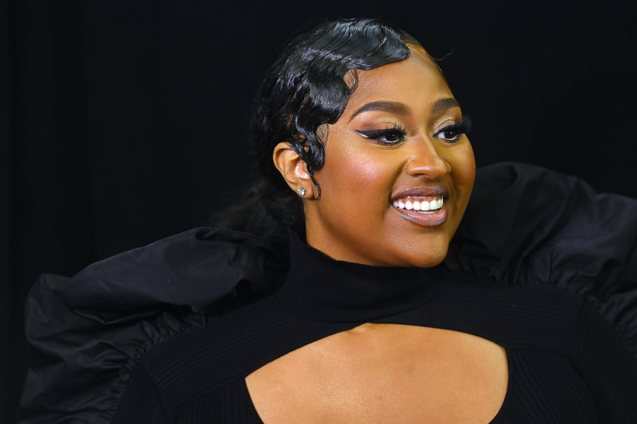 Jazmine Sullivan gives an interview at the ???2021 Soul Train Awards??? presented by BET at World Famous Apollo on Nov. 20, 2021 in New York City.