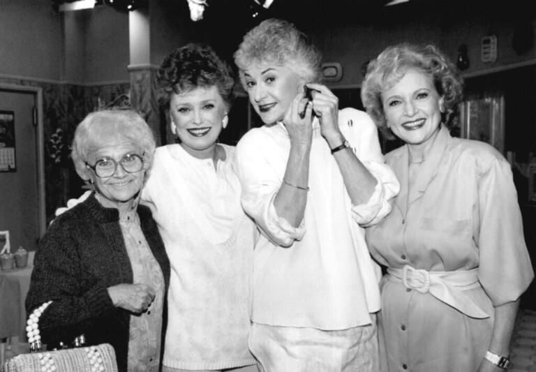 FILE - Actors from the television series "The " Golden Girls" stand together during a break in taping Dec. 25, 1985 in Hollywood. From left are, Estelle Getty, Rue McClanahan, Bea Arthur and Betty White.  Betty White, whose saucy, up-for-anything charm made her a television mainstay for more than 60 years, has died. She was 99.