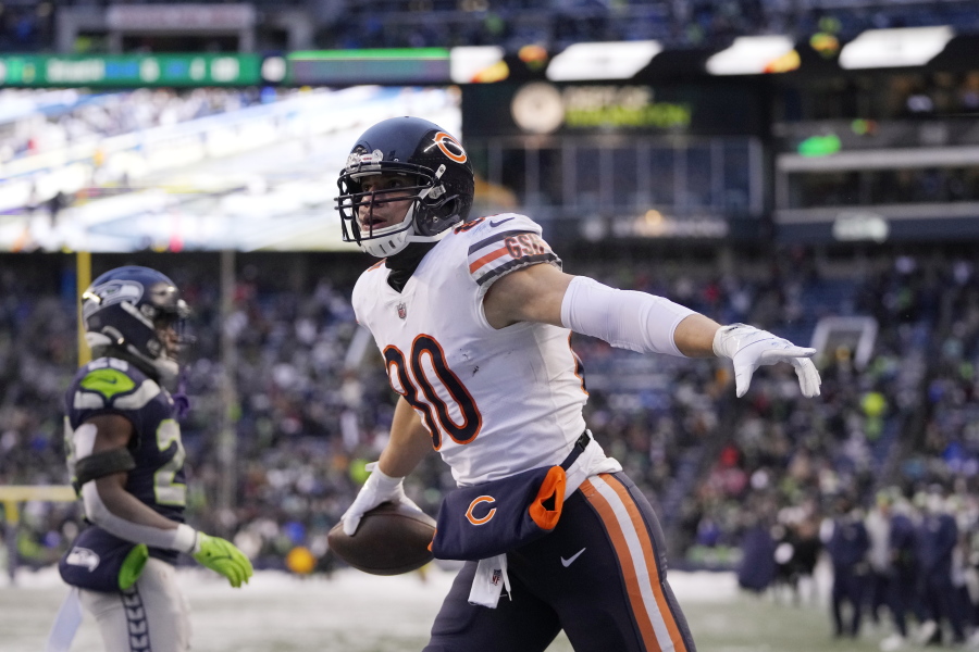 Chicago Bears tight end Jimmy Graham reacts after scoring a touchdown on a pass reception in the end zone against the Seattle Seahawks during the second half of an NFL football game, Sunday, Dec. 26, 2021, in Seattle. The Bears won 25-24.